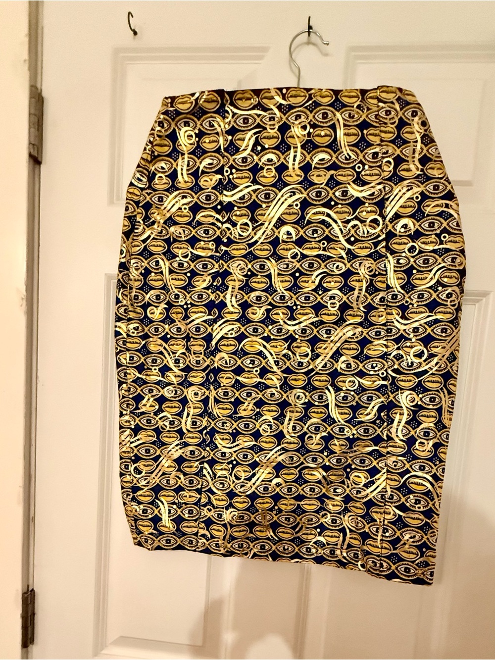 Handmade Eyes and Lips Navy and Gold Pencil Skirt